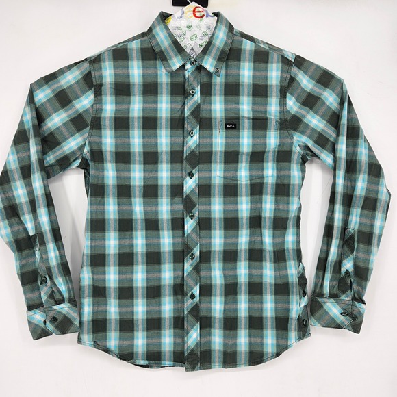 RVCA Shirt Mens Medium Long Sleeve Casual Preppy Surfer Button Down Plaid - Picture 1 of 11
